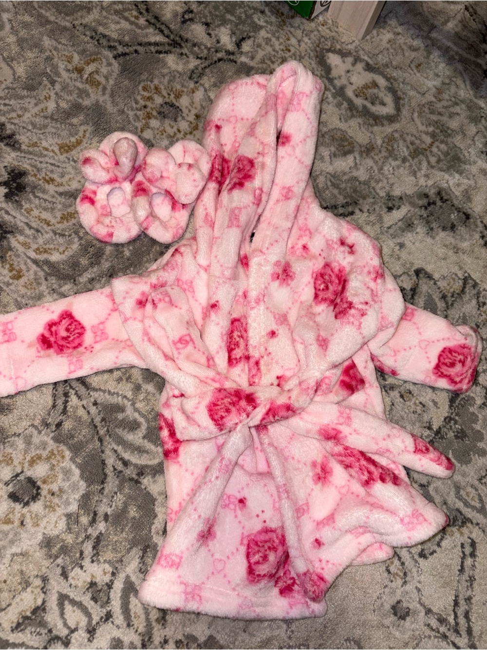 bebe Pink Floral Plush Hooded Kids Robe with Matching slippers